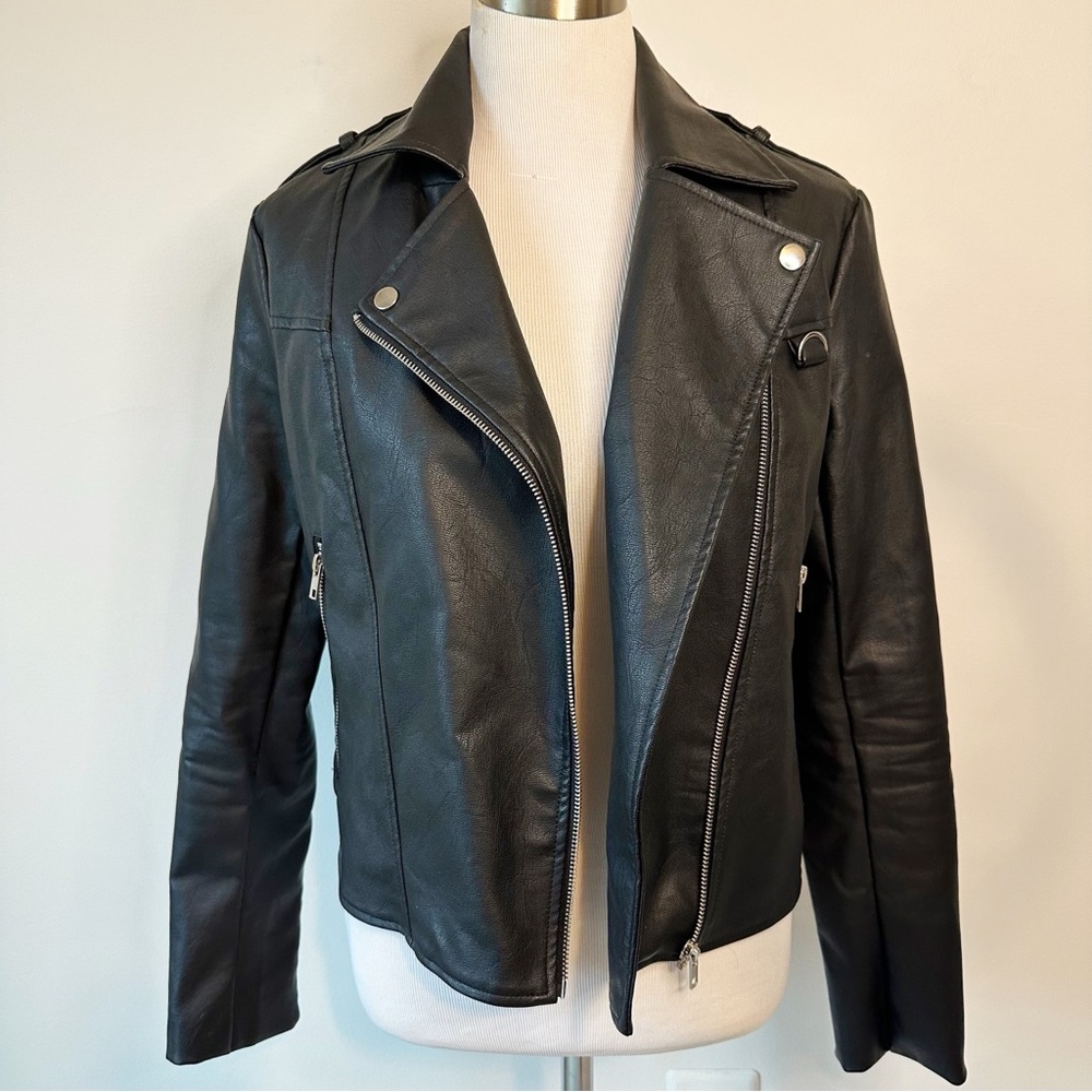 MissGuided Black Faux Leather Moto Jacket, size US 4 Tall Grunge Goth Whimsigoth
